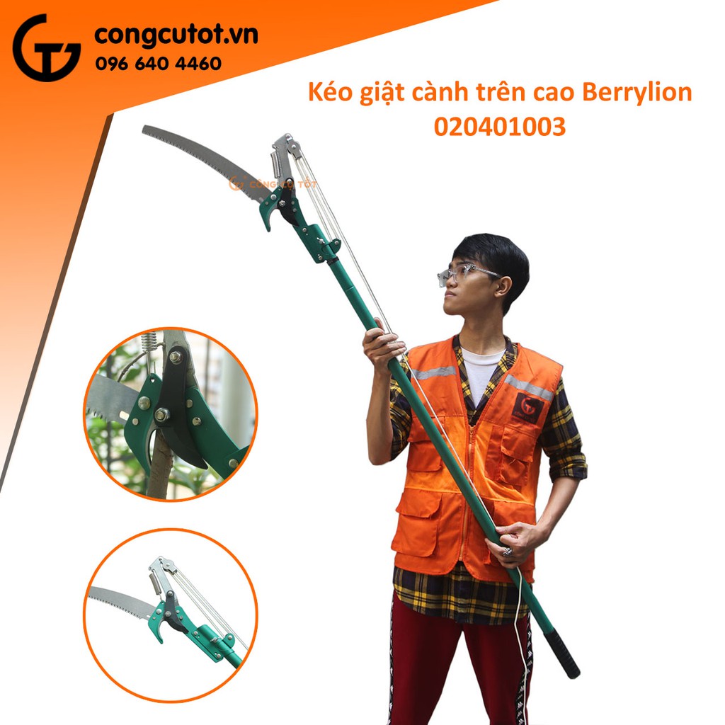 Kéo giật cành, cắt cành, cưa cành trên cao Berrylion có kèm cán dài 2m6
