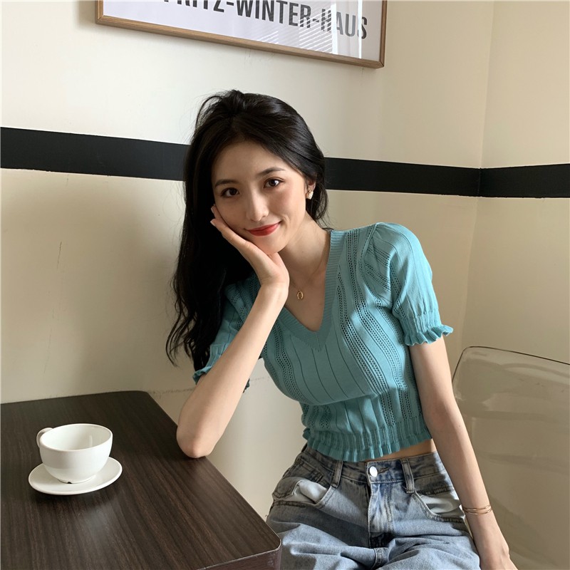 AimeiBeauty Cutout V-neck short-sleeved knitted slim croptop T-shirt | BigBuy360 - bigbuy360.vn