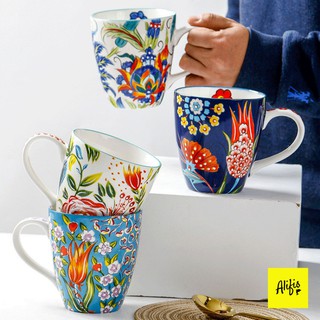 Cốc sứ, ly sứ uống trà, cafe 550ml họa tiết vẽ tay phong cách Mỹ
