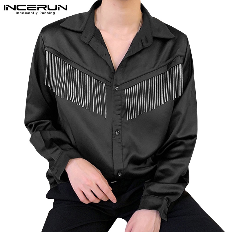 Áo sơ mi INCERUN tay dài cổ bẻ phối tua rua kim loại thời trang dành cho nam