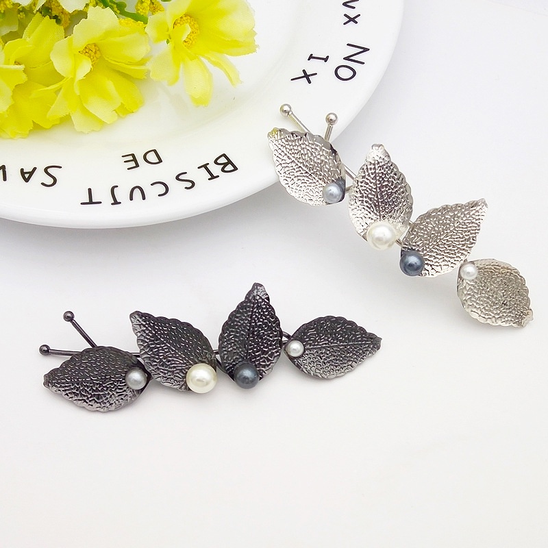 Kẹp Tóc Kim Loại Hình Lá Đính Ngọc Trai Phong Cách Hàn Quốc