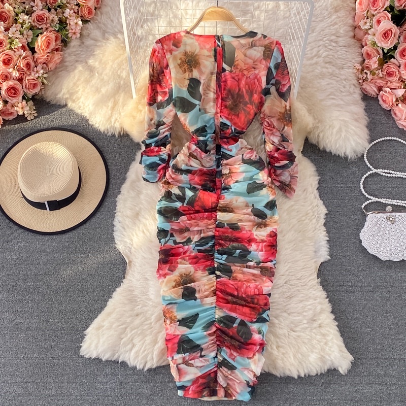 Đầm body nhúng phối hoa tay dài có khoá kéo
