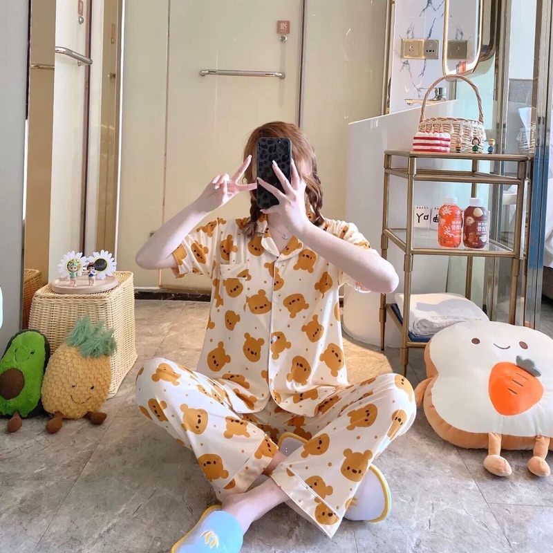 [TẶNG TẤT/VỚ] Đồ Bộ Nữ Pijama Mặc Nhà Cộc Tay Chất Thun Sữa Mịn Siêu Xinh, Bộ Đồ Ngủ Tay Ngắn Quần Dài Phong Cách Uzlang