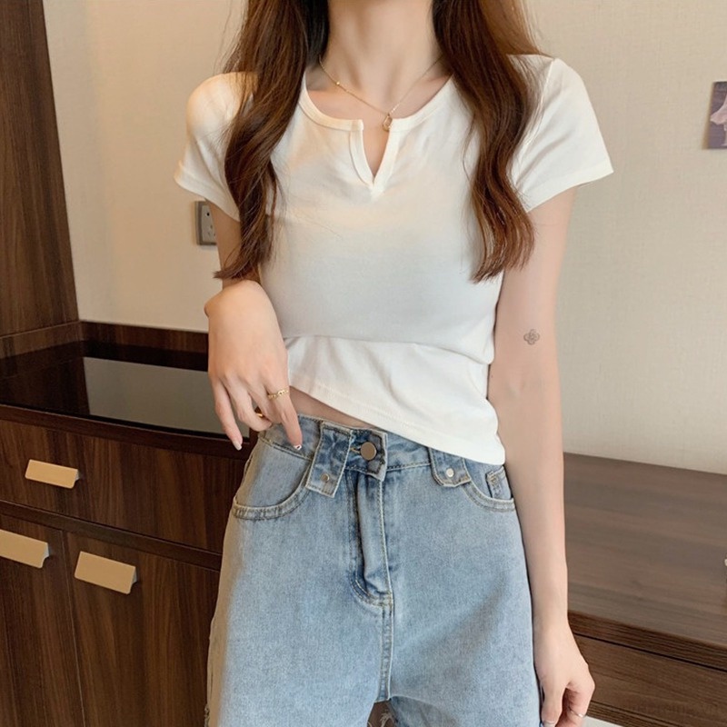 Áo Thun Croptop Tay Ngắn Cổ Chữ V Màu Sắc Trơn Dành Cho Nữ