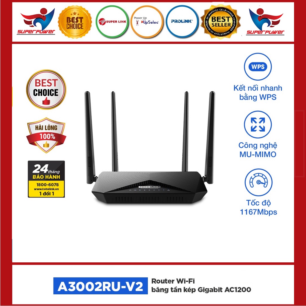 [Mã 254ELSALE giảm 7% đơn 300K] Cục phát wifi router wifi băng tần kép Gigabit chuẩn AC 1200Mbps TOTOLINK A3002RU-V2