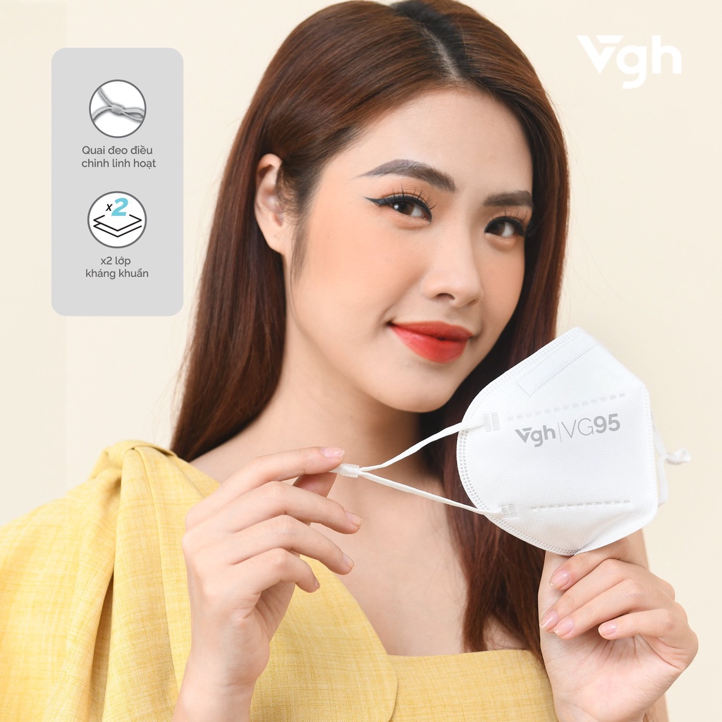 Khẩu trang VG95 3S thiết kế 3D, kháng khuẩn, thoải mái, nút chỉnh quai tai - Chính hãng VG Healthcare - Hộp 5 chiếc