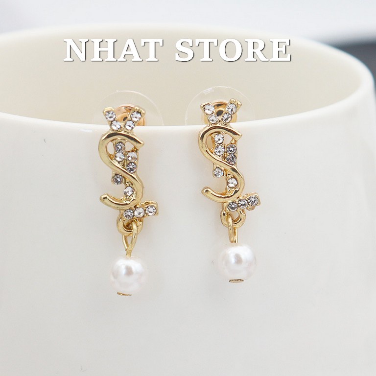 Khuyên tai bạc 925 hình chữ đính đá cho nữ Nhat Store