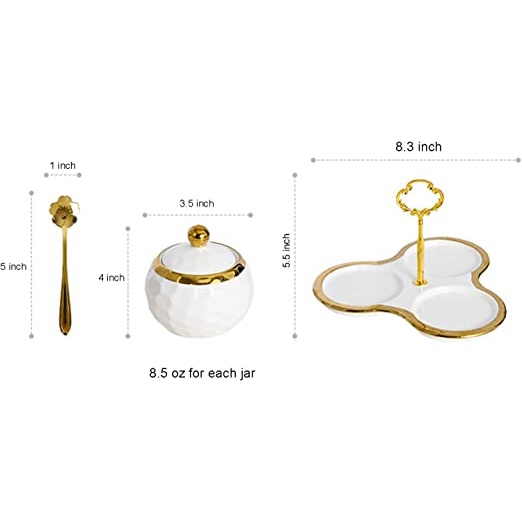 Bộ 3 hũ đựng gia vị bằng sứ cao cấp kèm khay và thìa vàng phong cách Bắc Âu