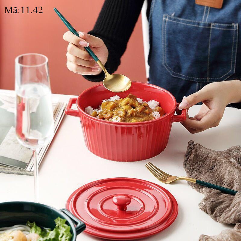 Bát tô sứ hình nồi 1 lít đựng canh đựng đồ ăn có nắp đậy, phụ kiện bàn ăn: 11.42