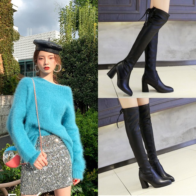 Giày boot đế vuông da ngang gối màu đen GBC-04BD