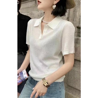 Áo len mongtoghi cộc tay cổ bẻ chữ V