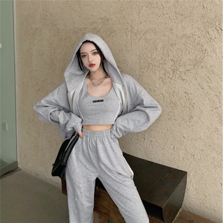 SET ĐỒ BỘ THỂ THAO 3 MÓN ÁO TANKTOP BODY + QUẦN 3 SỌC + ÁO KHOÁC HOODIE NỈ KHÓA KÉO basfarsaya Ulzzang