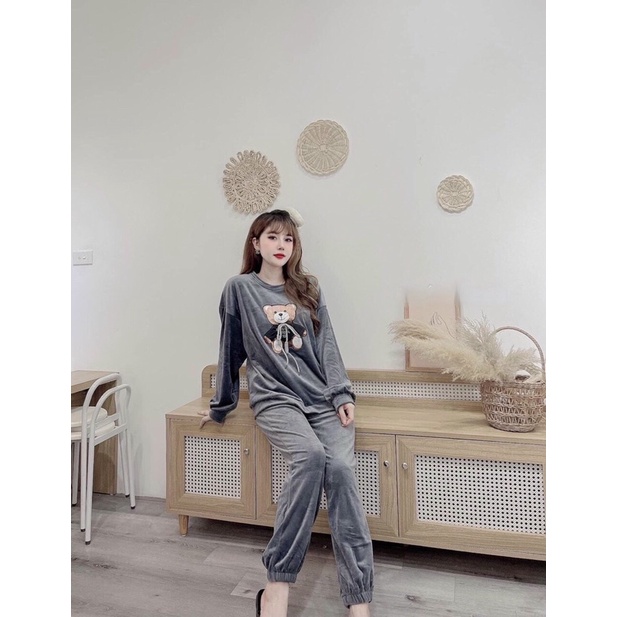 Set quần áo nhung thêu gấu - quần áo nhung nỉ mặc ở nhà - Quần bomer nhung | BigBuy360 - bigbuy360.vn