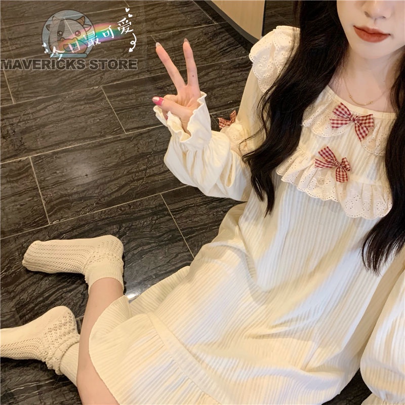 Đầm ngủ FDS dài tay phối ren nơ phong cách công chúa thời trang thu đông cho nữ