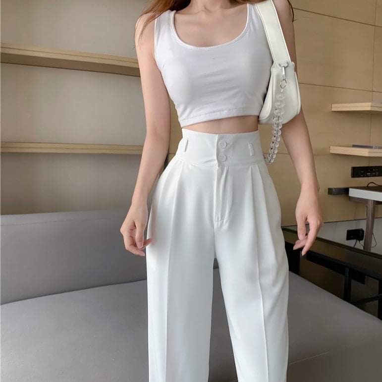 Quần ống rộng suông nữ lưng cao 2 khuy bigsize công sở mặc nhà LAVILO QT05