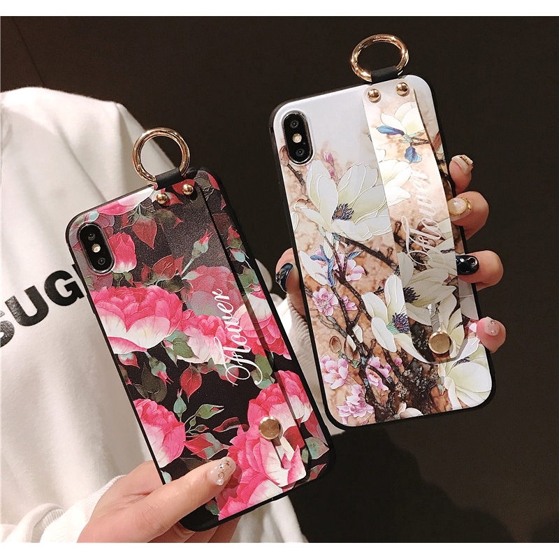 Ốp điện thoại in hoa phong cách cổ điển có dây đeo chống rơi cho iPhone 6 6S 7 8 Plus XS Max XR