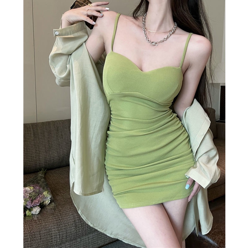 Set Đầm Hai Dây Màu Xanh Lá Phong Cách Hồng Kông Thời Trang Mùa Hè Cao Cấp Dành Cho Bạn Nữ
