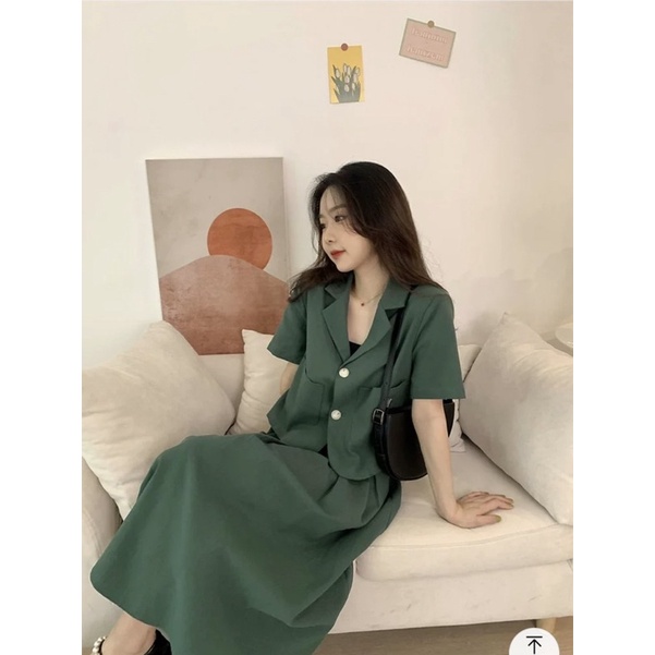 SET ÁO VEST XANH LÁ NÚT + CHÂN VÁY MIDI