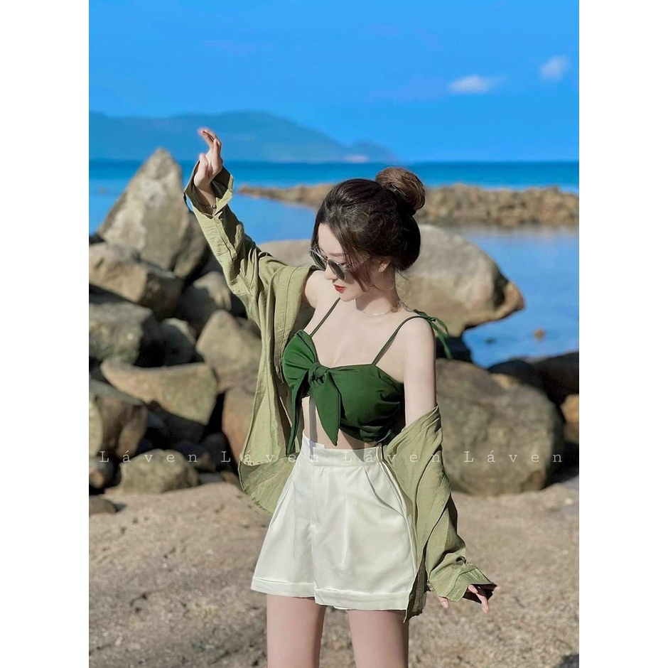 Set 3 món áo hai dây buộc nơ có mút áo khoác sơ mi và quần ngắn