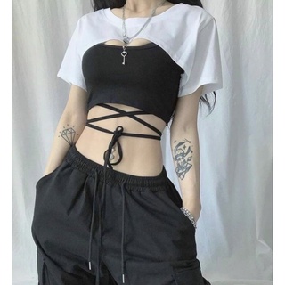 Set áo croptop phối áo hai dây cột eo cá tính