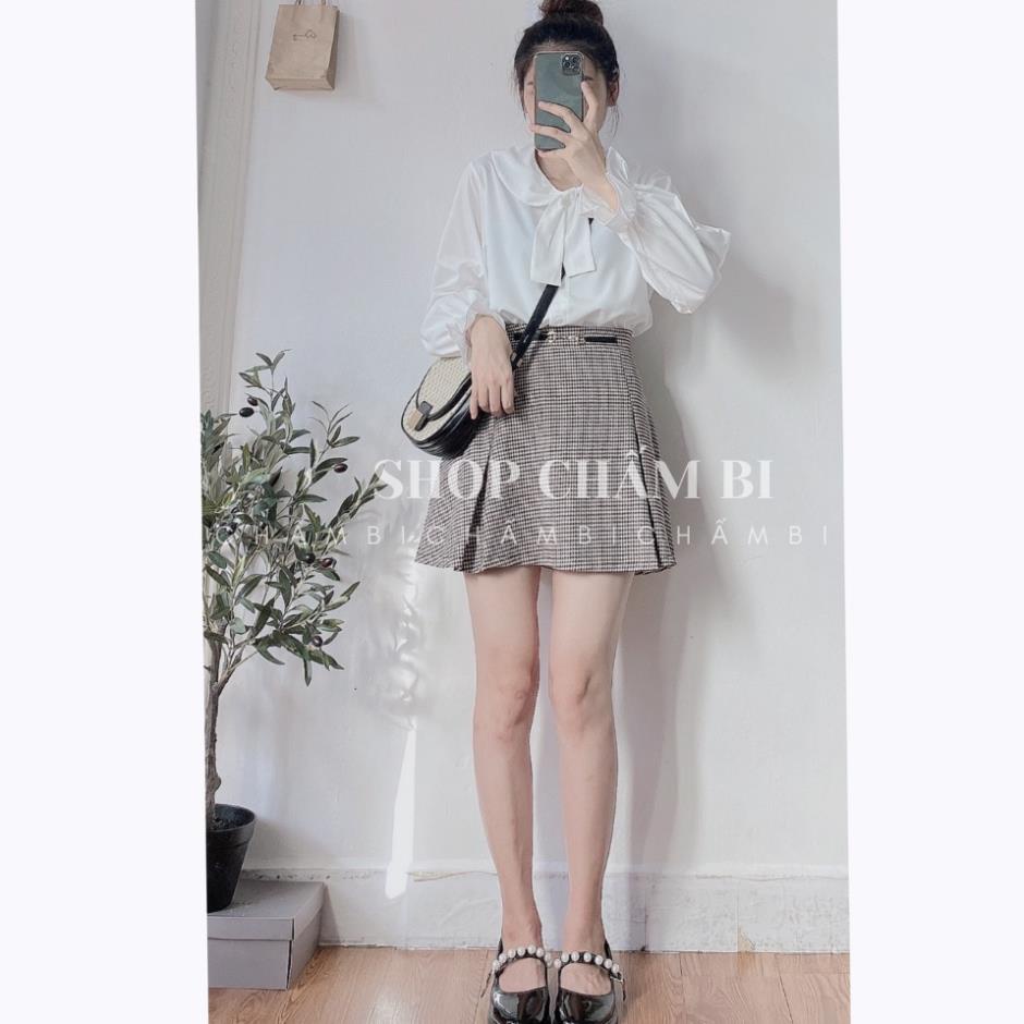 Áo kiểu nữ đẹp A.247, Áo sơ mi trắng tay bo chun cổ sen thắt nơ chéo phong cách Hàn Quốc