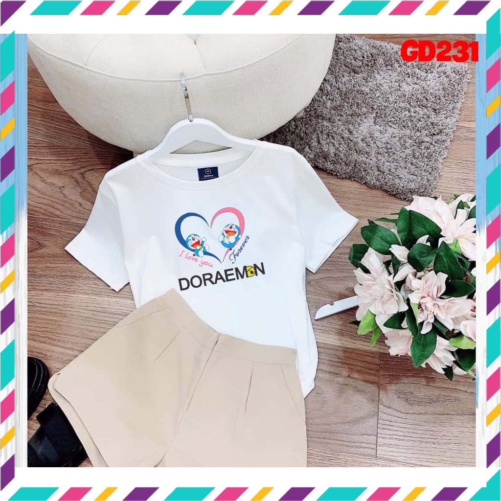 Áo Thun Tay Ngắn Nữ Cổ Tròn Thun Cotton In Vòng Trái Tim Doraemon  - KTQN TSHIRT AND UNIFORM