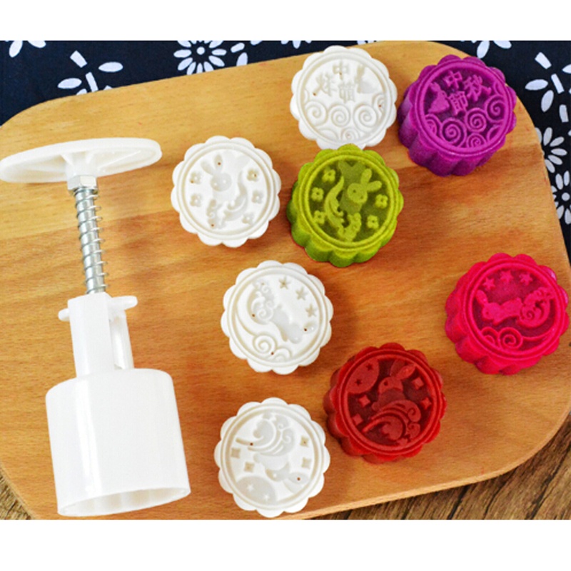 Khuôn Làm Bánh Trung Thu / Mặt Trăng / Bánh Trung Thu Hình Tròn 50g Với 4 Con Dấu Hình Thỏ Diy