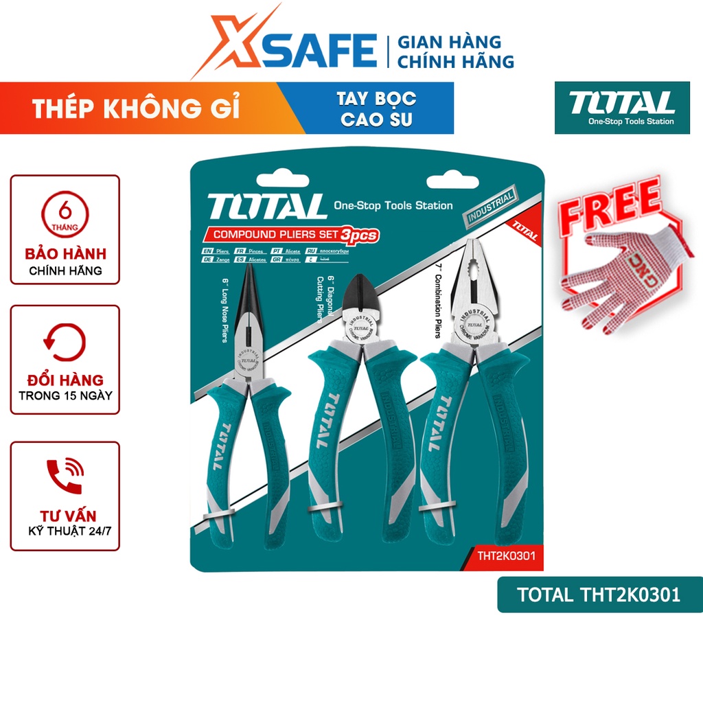 Bộ 3 kềm răng, cắt và nhọn TOTAL THT2K0301 Bộ kìm răng, kìm cắt và kìm nhọn 3 chi tiết, chất liệu thép CR-V, đen bóng
