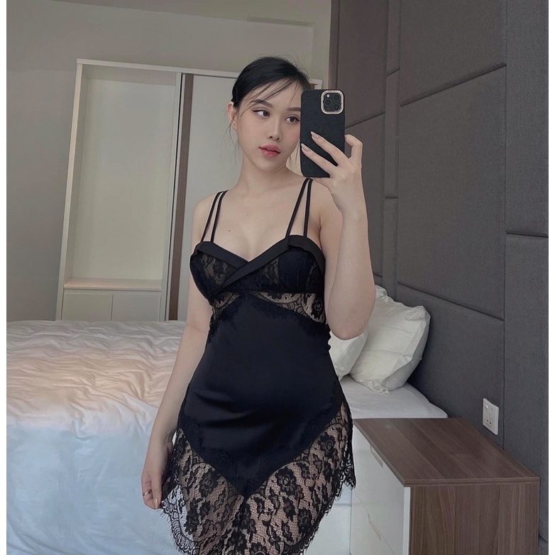 Váy ngủ lụa 2 dây sexy D01 cao cấp [quyến rũ, khoe lưng trần]
