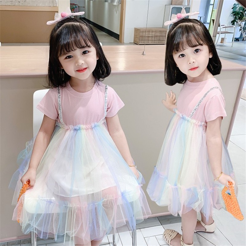 Đầm tay ngắn kiểu công chúa phối lưới nhiều màu cho bé gái