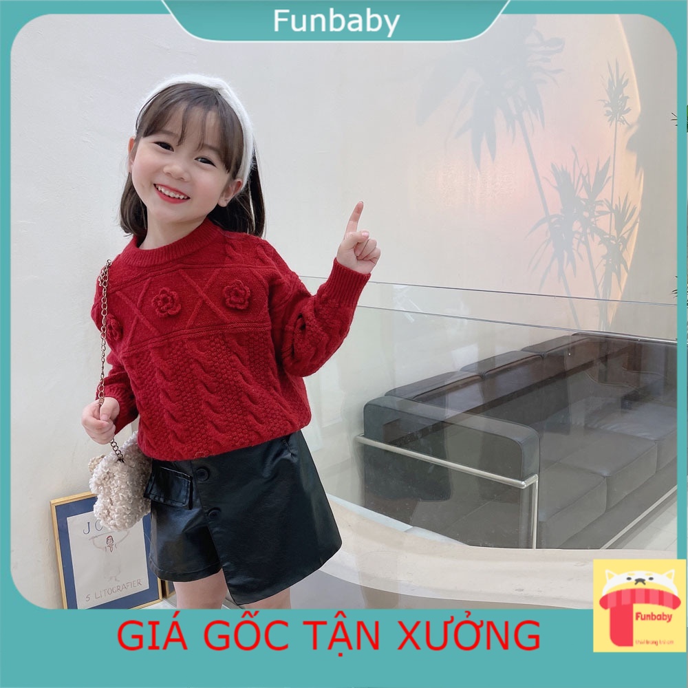 Áo len bé gái 4-10 tuổi màu đỏ dệt hoa nổi, Áo len kiểu cho bé phong cách Hàn Quốc đanh sợi không bai xù