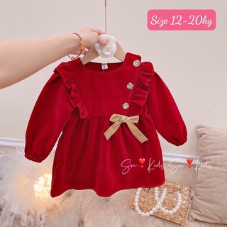 Váy nhung đỏ cho bé gái, váy 3 cúc dọc ngực kèm nơ xinh xắn cho bé diện Tết, Noel
