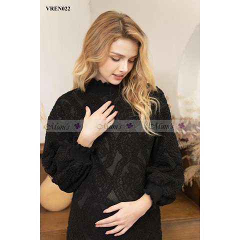 ĐẦM BẦU FREESHIP Váy ren thiết kế màu đen cổ bèo xẻ gấu