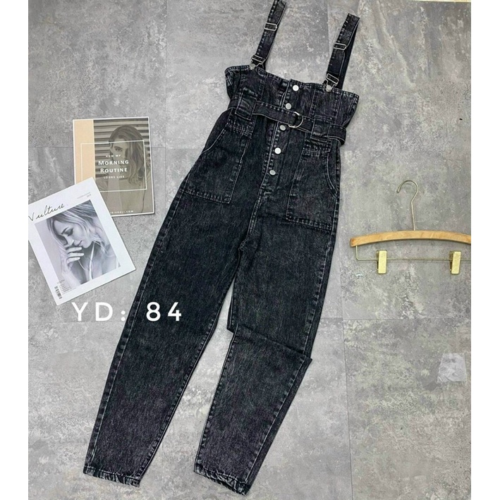 Yếm jeans co giãn khói kèm đai thắt
