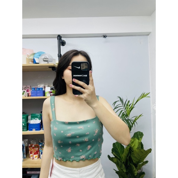 Áo 2 dây cổ vuông ôm body xanh 2 lớp màu rêu