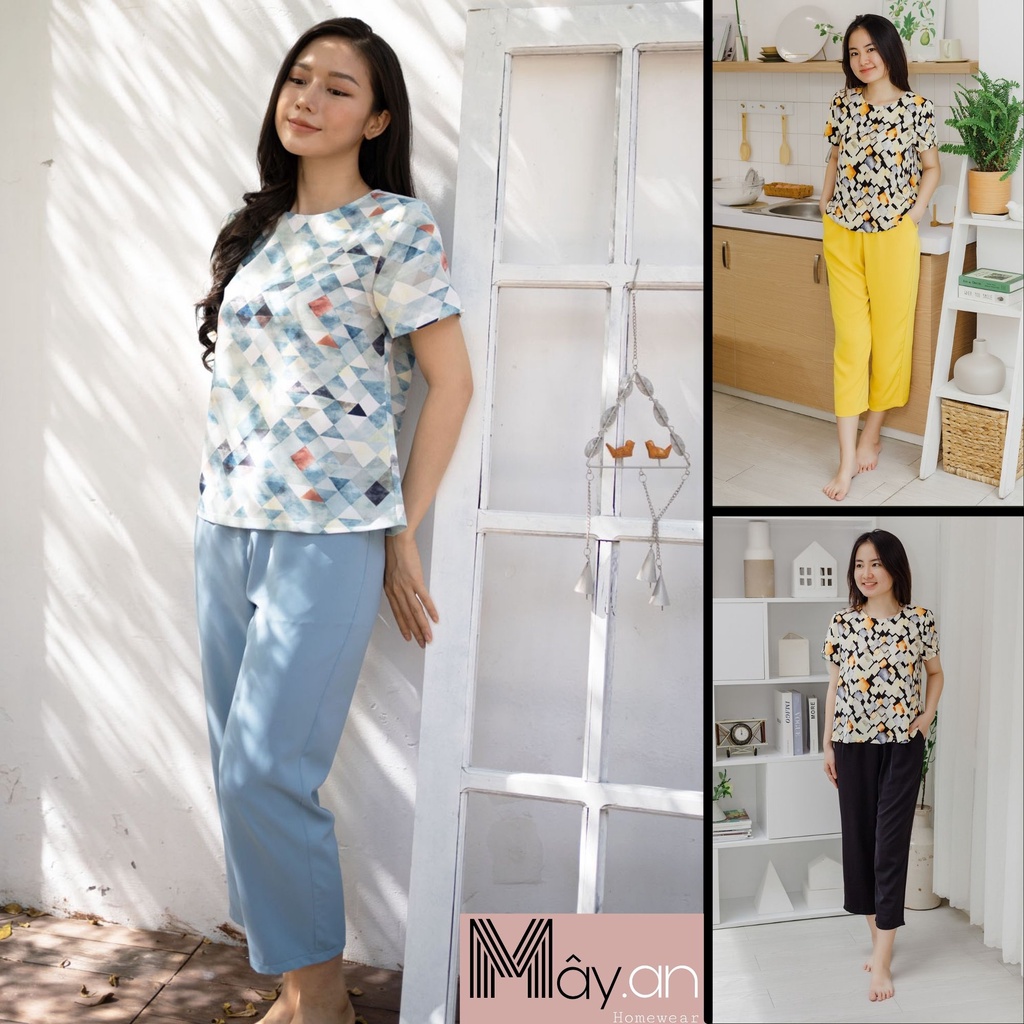 Đồ mặc nhà MÂY áo cơ bản tay ngắn quần dài lụa lạnh Hàn Quốc