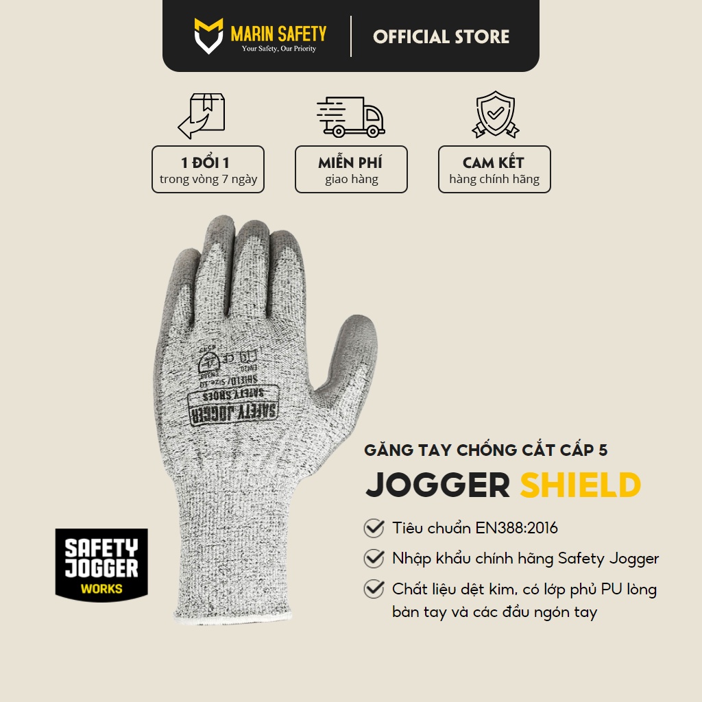 Găng tay bảo hộ chính hãng Safety Jogger Shield, găng tay chống cắt cấp độ 5 chất liệu HPPE độ dày cao màu xám