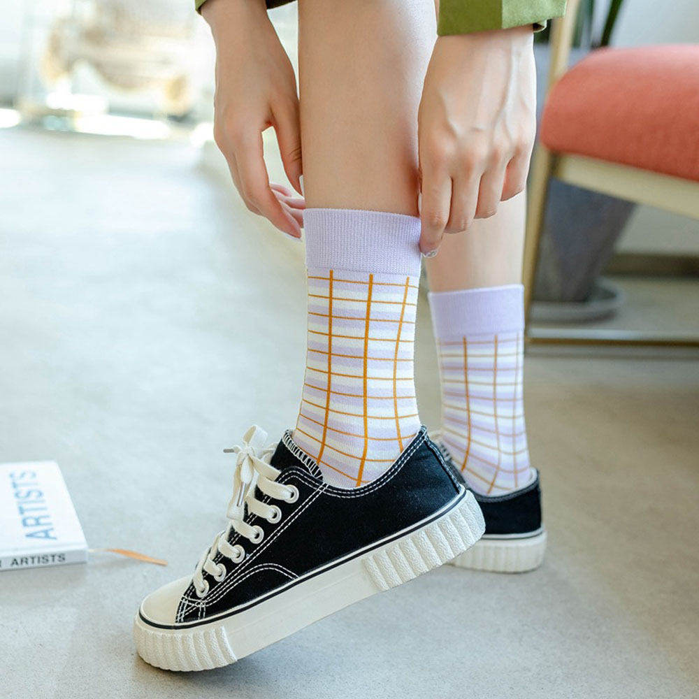 Vớ cotton cổ cao họa tiết ca rô / kẻ sọc phong cách vintage đơn giản dành cho nữ