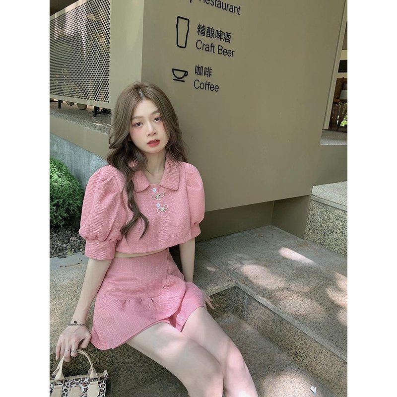 Set Áo Croptop Cổ Polo Ngắn Tay / Chân Váy Dáng Chữ A Độc Đáo Thời Trang Mùa Hè Cho Nữ (Có Bán Lẻ)