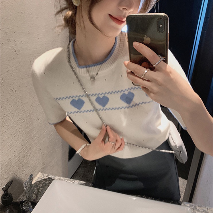 QADCOL  Áo Dệt Kim Nữ Tay Ngắn Cổ Tròn Thời Trang Hàn Quốc Hiện Có 6 Màu