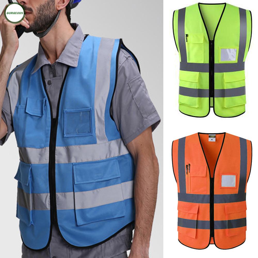 Vest Tops Security Construction Shirts Summer Pockets Zipper Sleeveless
