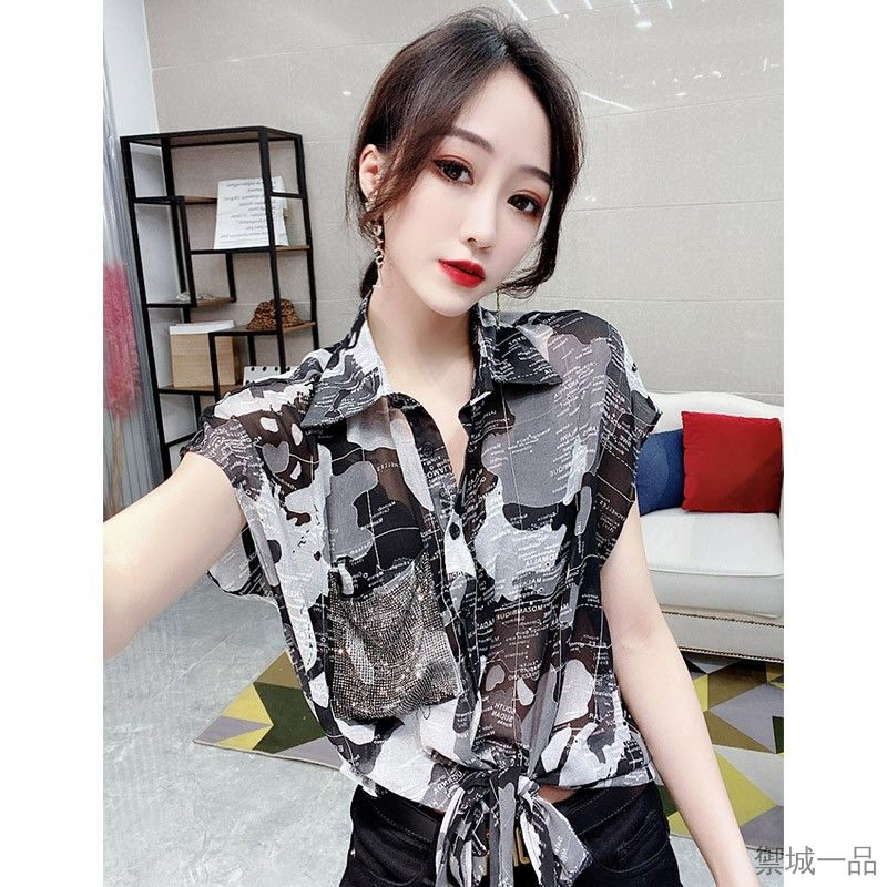 Áo Chiffon Tay Lửng Thắt Nút Họa Tiết Hoa Thời Trang Châu Âu 2020 Cho Nữ