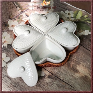 Bộ khay mứt hũ bánh kẹo men trắng gốm sứ Bát Tràng - Khay tim bốn cánh