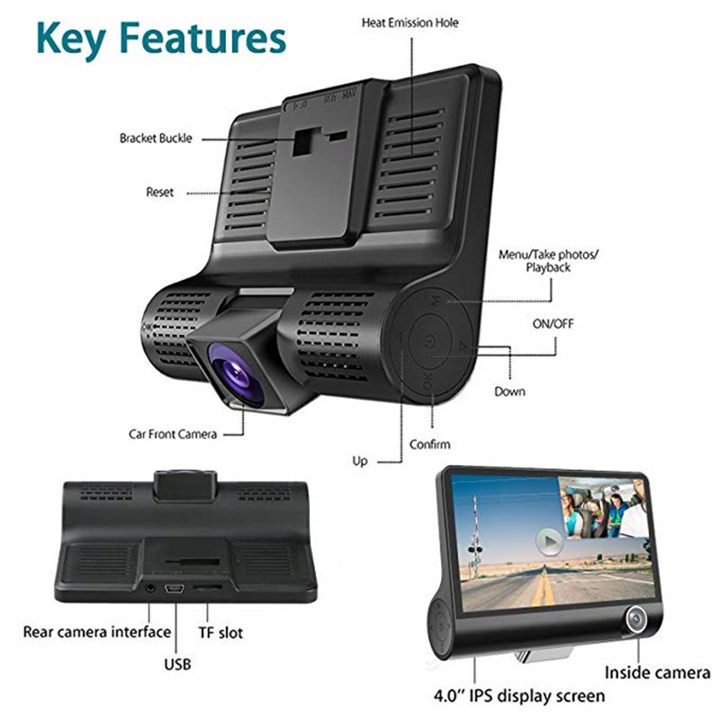 Camera hành trinh ô tô H35 Máy ghi âm lái xe ba ống kính Máy ghi lái xe ba ống kính góc rộng 1080P Máy ghi âm HD Dash Ca