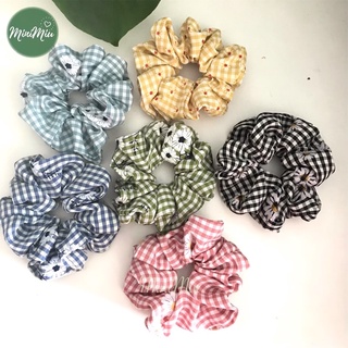 Dây buộc tóc Scrunchies vải caro in hoa Daisy