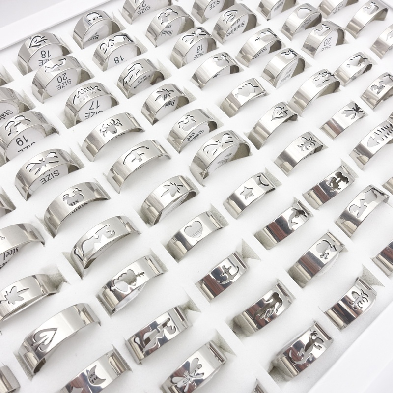 Set 20 Nhẫn Thép Không Gỉ Cắt Laser Phong Cách Hỗn Hợp Cho Nam Và Nữ Cincin Barang Kemas
