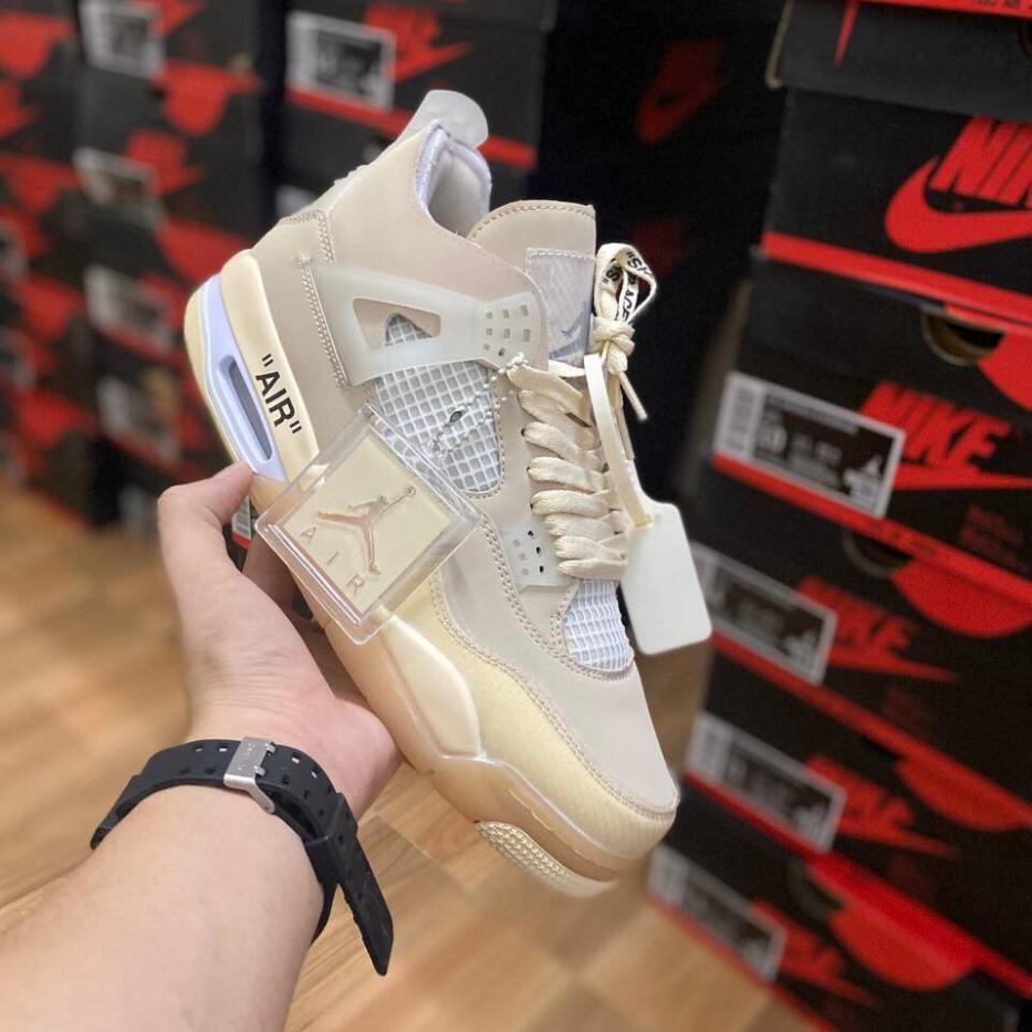 Giày Jordan 4 Off White, Giày sneaker JD4 vàng kem hàng cao cấp Full Box