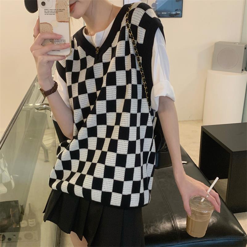 Áo Len Không Tay Cổ Chữ V Form Rộng Họa Tiết Sọc Caro Thiết Kế Mới Thời Trang Theo Phong Cách Hàn Quốc Cho Nữ