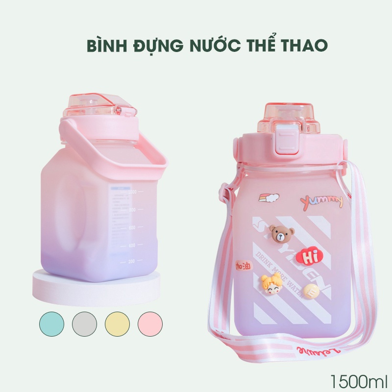 Bình đựng nước,bình nước thể thao 1.5L dáng vuông có quai đeo tặng kèm ống hút và sticker dán nổi