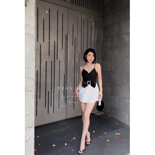 Jumpsuit 2 dây nơ phối màu